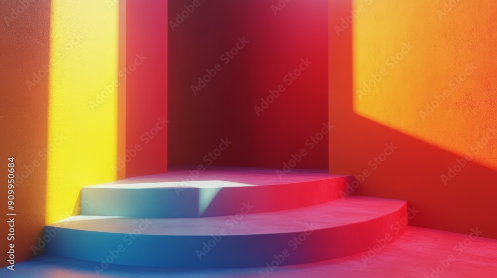 Poster vibrant dark podium with colorful gradient lighting and modern geometric design for product display 