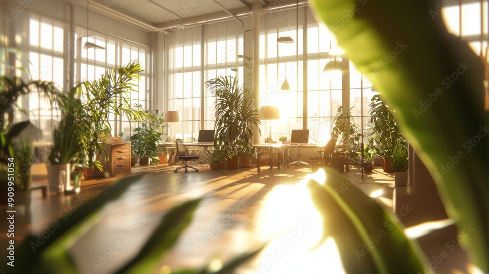 Poster sunlit modern office with abundant greenery and large windows creating a bright and inviting workspa