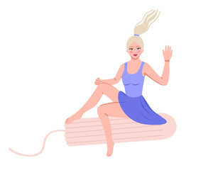 Woman flying on tampon. Menstrual period concept, menstruation, PMS, premenstrual syndrome. Vector Illustration for backgrounds, greeting cards, stickers and posters. Isolated on white background.