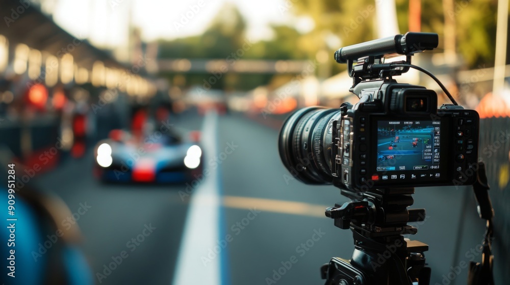 Poster a high-end camera captures thrilling moments of a racing event during dusk, focusing on an approachi