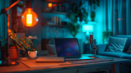 Modern Cozy Home Office with Computer Setup and Ambient Lighting for Productivity and Comfort. Generative ai