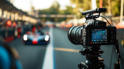 A high-end camera captures thrilling moments of a racing event during dusk, focusing on an approaching race car in the pit lane.