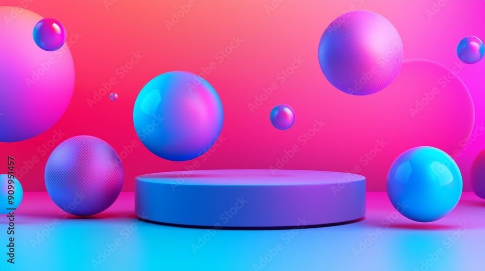 Poster vibrant dark podium with floating spheres - modern abstract background for product display and prese