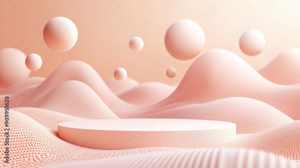 Poster dark vibrant podium with abstract background and floating spheres for modern product display