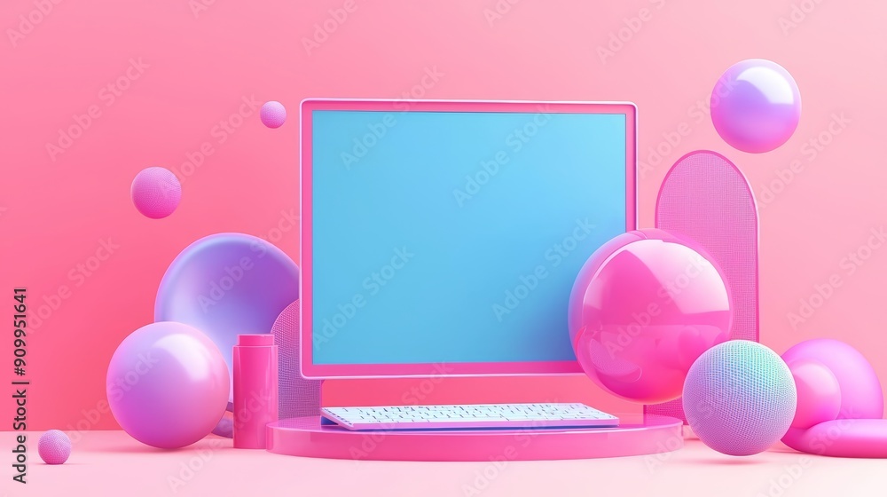 Poster vibrant modern computer setup with colorful geometric shapes on pink background