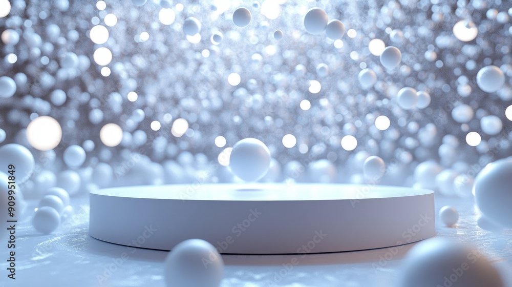 Poster abstract white spheres floating in a dreamy light environment with a circular platform in the center