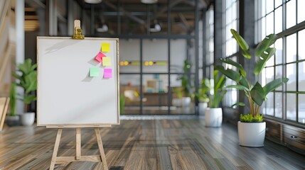 Flip chart by sticky notepapers on wall in office. AI generated illustration