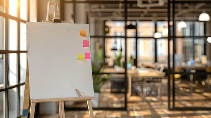 Flip chart by sticky notepapers on wall in office. AI generated illustration