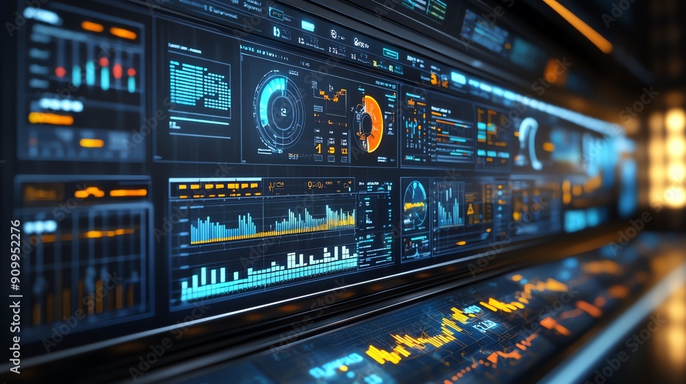 Poster futuristic digital dashboard with glowing blue and orange data.