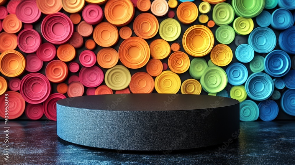 Poster dark vibrant podium with colorful circular background for product display or presentation