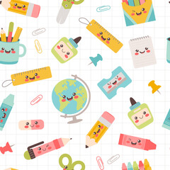 Funny stationery school supplies seamless pattern. Back to school vector background.