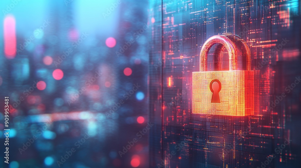 Poster a glowing padlock on a digital background with a cityscape blur