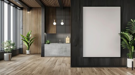Dark gray office lobby with a concrete floor, loft windows and a glass wall. There is a large vertical poster and a meeting room. 3d rendering mock up. AI generated illustration