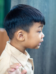 A close-up portrait of a smiling child with a handsome face and expressive eyes