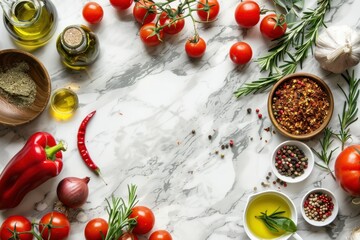 Fresh vegetables, chilli and herbs for cooking, beautifully arranged with copy space, high angle view.