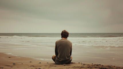 A lonely and sad guy is sitting on the seashore.