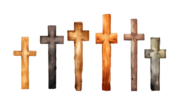 Set of six watercolor wooden crosses clipart in various shades and textures on a transparent background