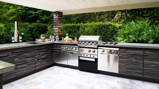 An outdoor kitchen features a stainless steel grill and countertops, with wine glasses and fresh ingredients ready for cooking, amidst vibrant greenery