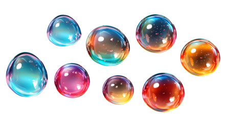 Vibrant soap bubbles with colorful reflections cutout, isolated clipart on transparent background