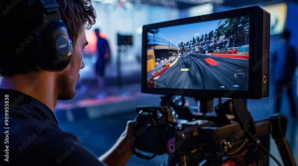 Poster A young gamer focuses intently on a racing simulation displayed on a screen, immersed in a vibrant esports event atmosphere.