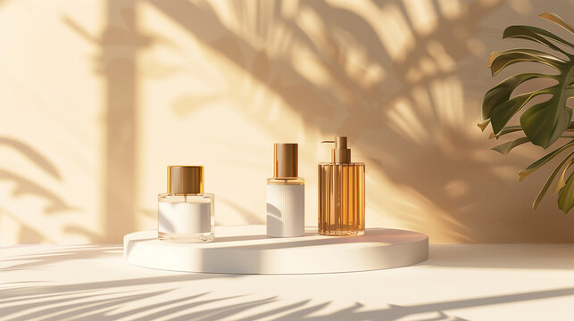 Podium display scene for cosmetic product and packate,3d render.