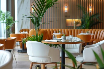 A stylish cafe with white chairs and wooden tables