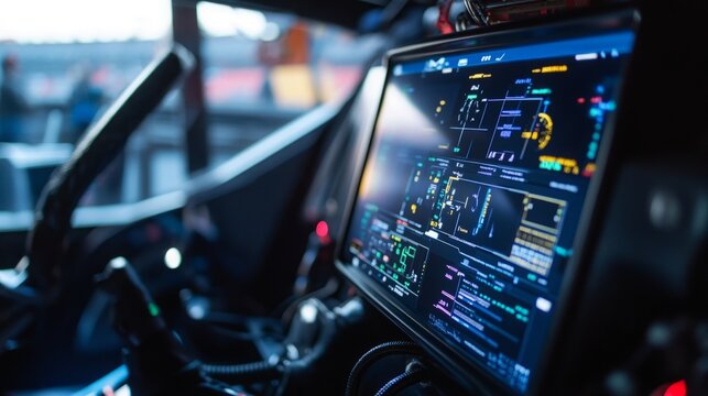 A detailed dashboard displays real-time vehicle performance metrics during a race, highlighting advanced technology and controls. - Powered by Adobe