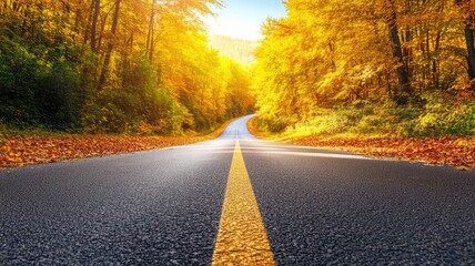 Naklejka premium Scenic autumn road, surrounded by colorful foliage and trees
