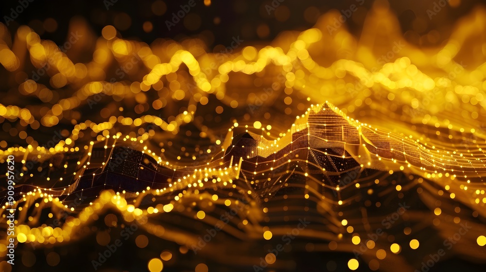 Poster golden glowing graph with sparkling visualizations for premium finance analytics