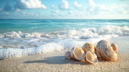 Obraz premium photography of a serene beach with waves and seashells, style of iDea24club