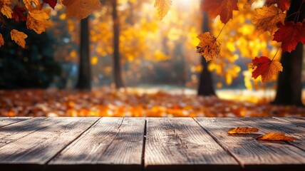 Wooden deck overlooking autumn forest with falling leaves in vibrant sunlight