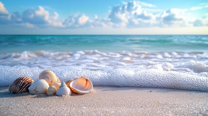 photography of a serene beach with waves and seashells, style of iDea24club
