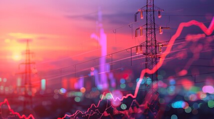 market stock graph and information with bokeh city light and electricity and energy facility banner industry and business background. AI generated illustration
