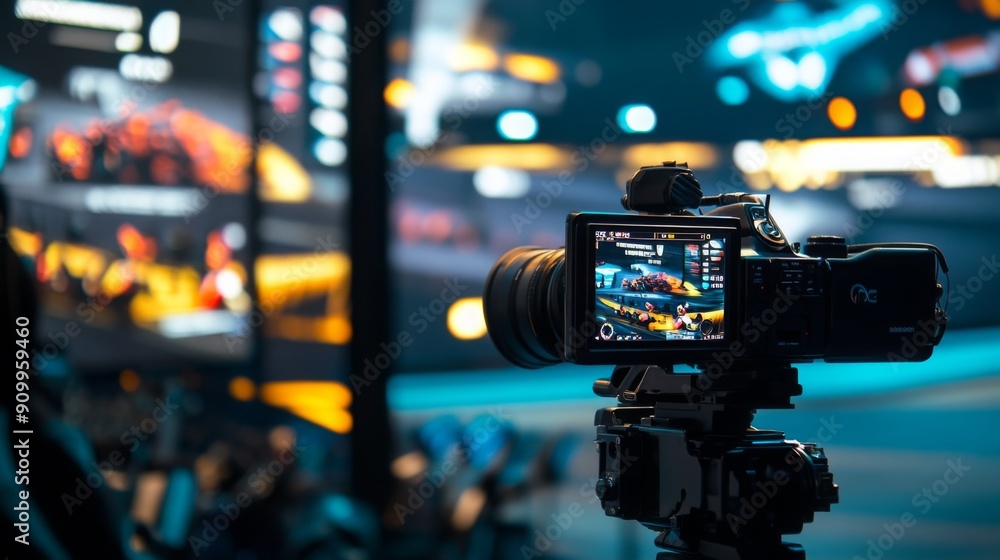 Poster a camera is focused on an esports match, showcasing intense gaming action in a vibrant arena with co