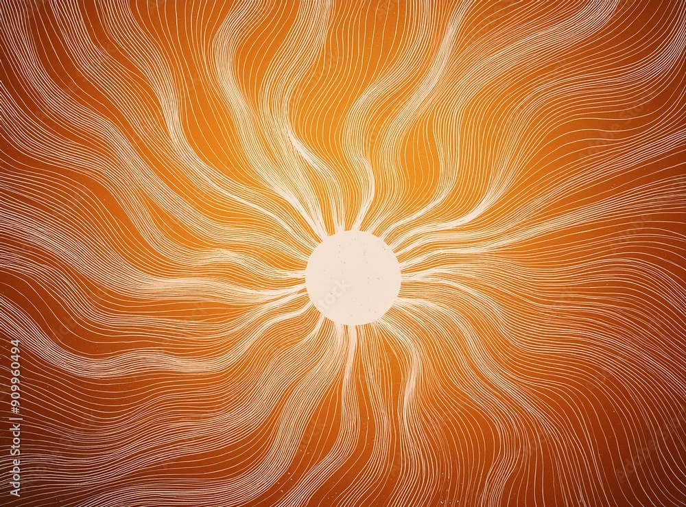 Wall mural Sun groovy retro horizontal background. Sun burst hippie banner with vintage grainy texture.