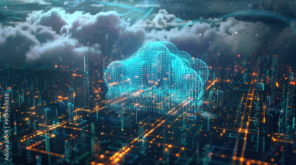 Poster cloud computing with a speeding train on a city background