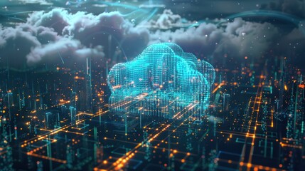 Fototapeta premium cloud computing with a speeding train on a city background