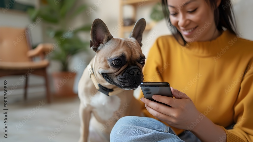 Poster pet owner checking activity stats on mobile phone with smart pet tracking device