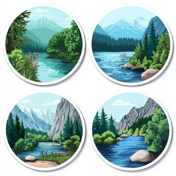 4 round stickers a travel theme - rivers and mountains, isolated on white background