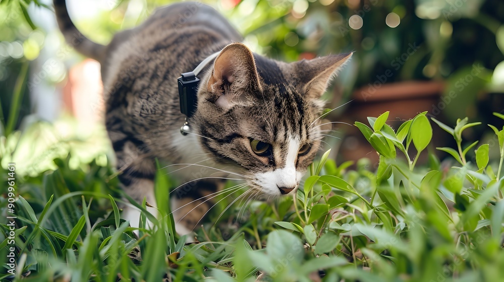 Poster curious cat exploring backyard with gps tracker capturing movement and location data
