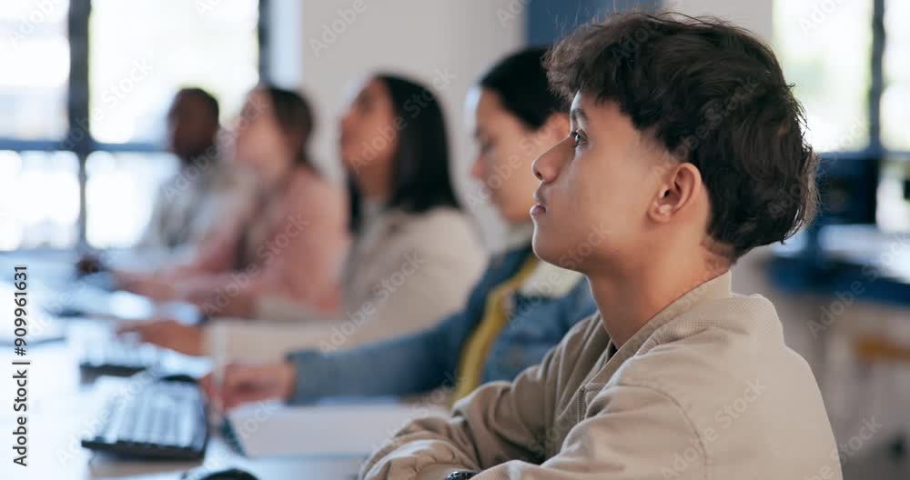 Poster High school, education and boy in class with students for learning curriculum for exam or assignment. Reading, academy and group of teenagers in tutoring session to boost grades, gpa or pass for test