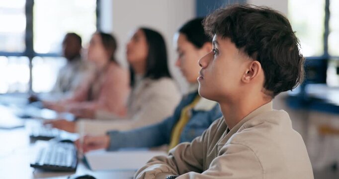 High school, education and boy in class with students for learning curriculum for exam or assignment. Reading, academy and group of teenagers in tutoring session to boost grades, gpa or pass for test
