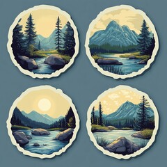 4 round blue stickers a travel theme - rivers and mountains, isolated on white background