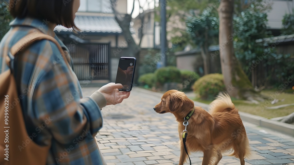 Poster pet owner using augmented reality to find lost companion animal with smart tracking device
