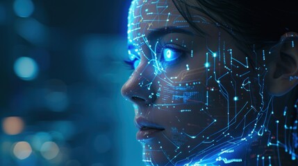 Fototapeta premium Female face with glowing blue lines, Artificial intelligence concept. AI generated