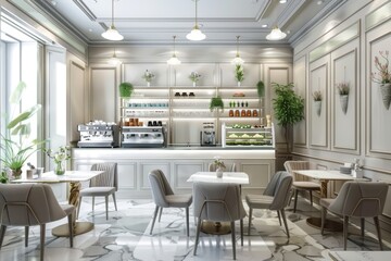 A trendy cafe with white walls, marble floors, and modern seating