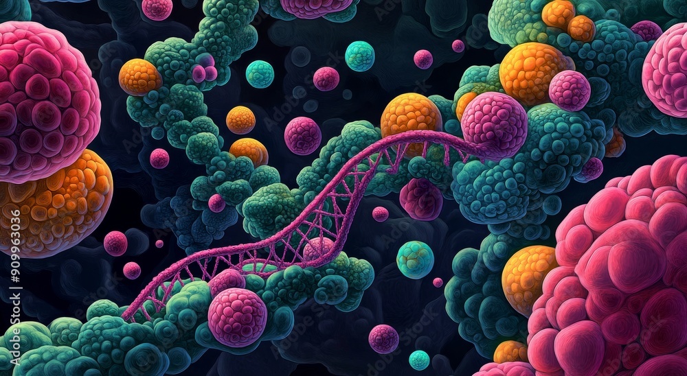 Wall mural an image representing stylized imitations of alien dna on dark backgrounds, biotechnology, and resea