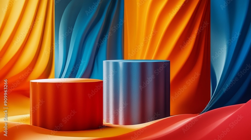 Poster vibrant dark podium with colorful drapes - abstract background for product display and presentations