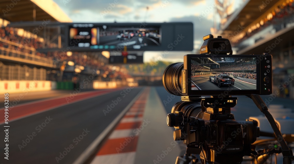 Poster a camera is positioned on the racetrack, capturing the excitement of a race as the sun sets in the b