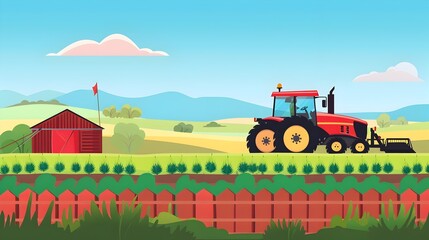 Idyllic Countryside Landscape with Red Barn and Tractor in Lush Green Field
